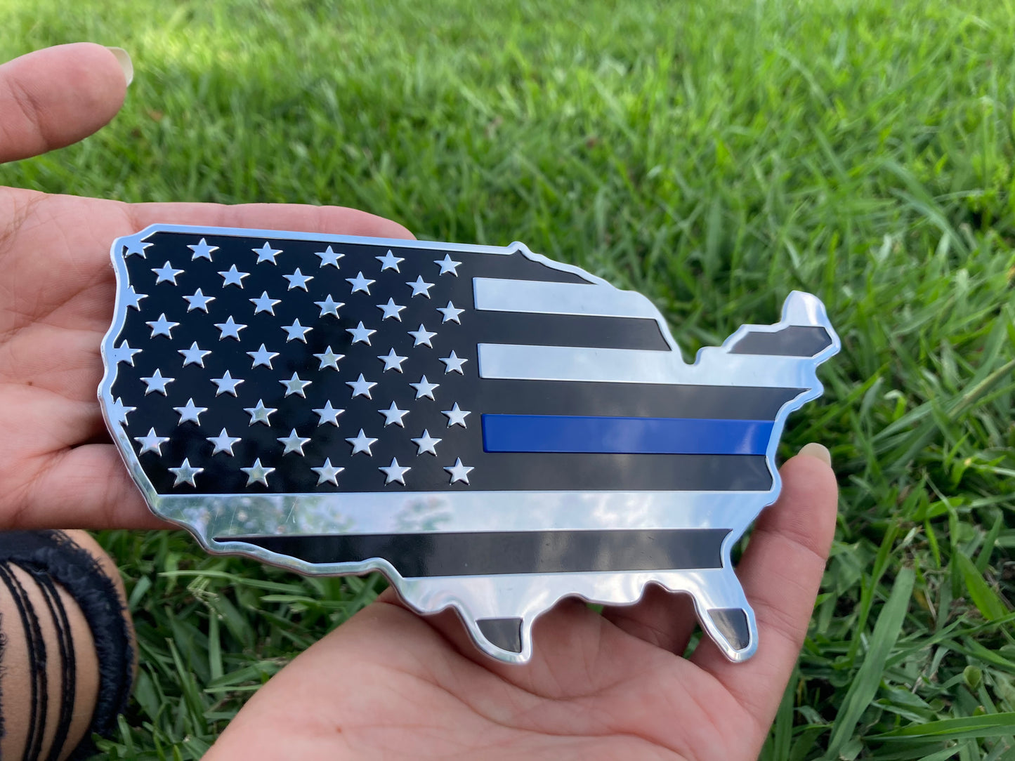 US Black Chrome Map Flag Emblem with Blue Line