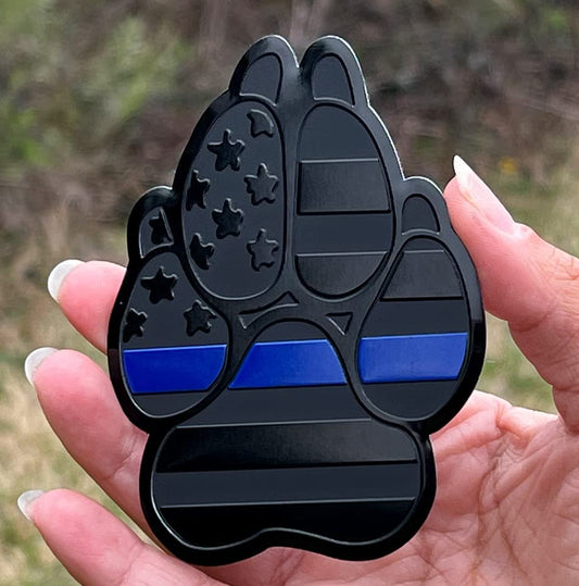 American Metal Flag Dog Paw K9 Unit Auto Fender Emblem for Cars Trucks (3"x4", Black with Blue Line)