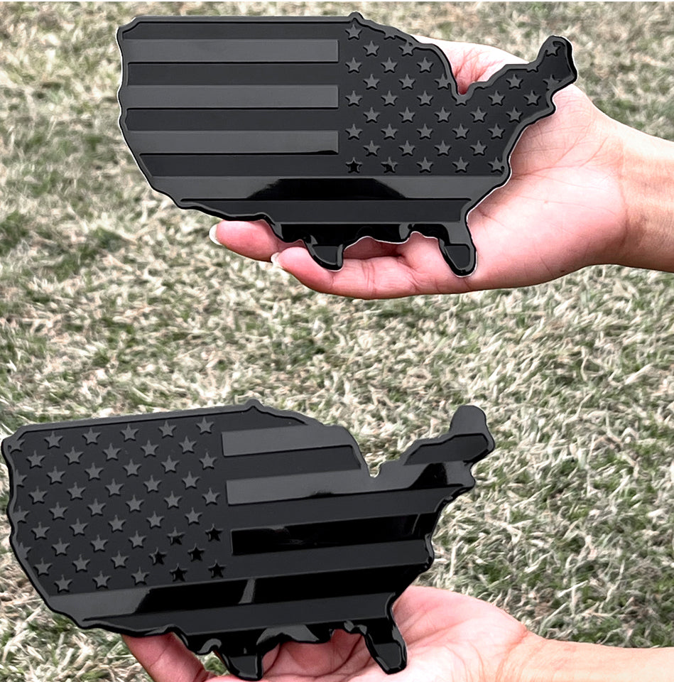 US Black Metal Map Flag Emblem for Cars, Trucks, Wall 7"x4" 2pcs Forward and Reverse