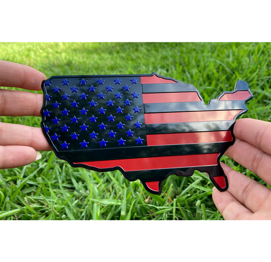 USA Metal Map Color Flag Emblem for Cars, Trucks Black Blue Red 7"x4"