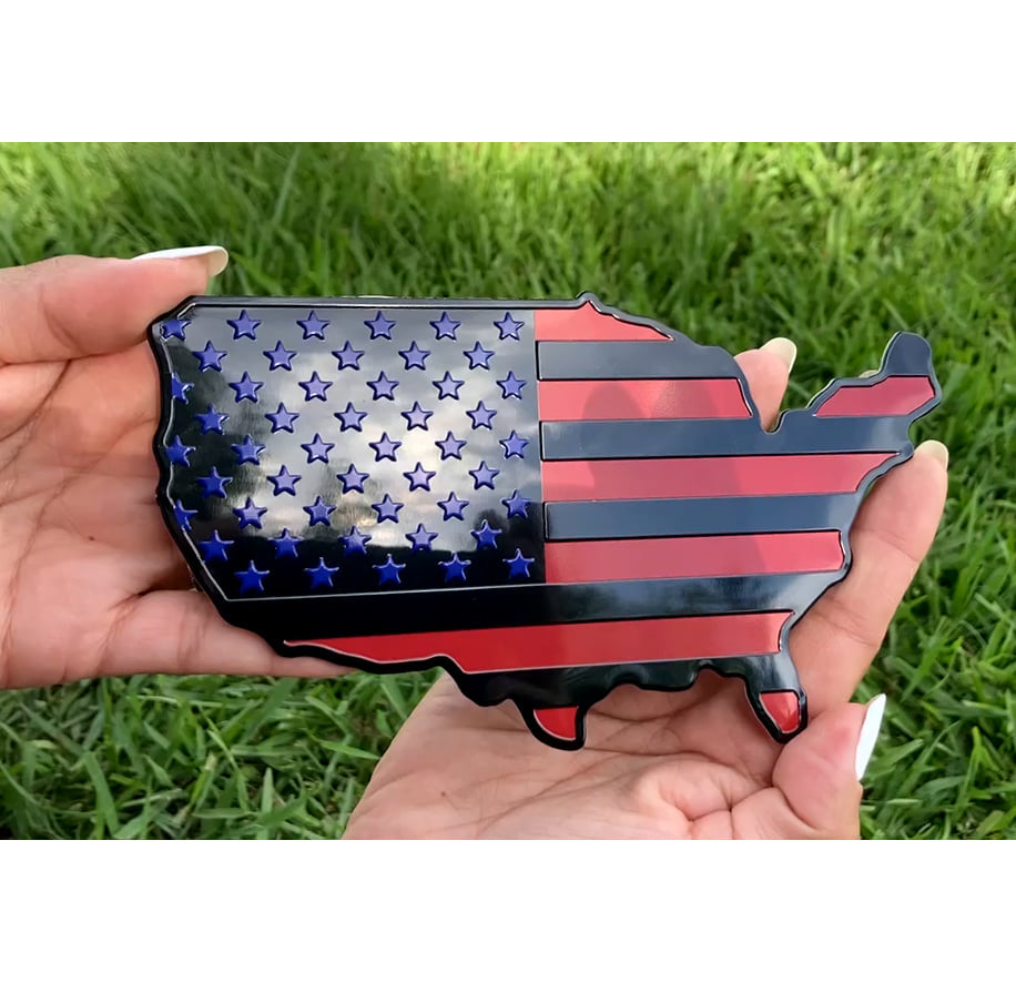 USA Metal Map Color Flag Emblem for Cars, Trucks Black Blue Red 7"x4"