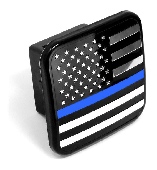 US Black Flag Hitch Cover Plug (Fits 2" Receiver, Black & Chrome with Thin Blue Line)