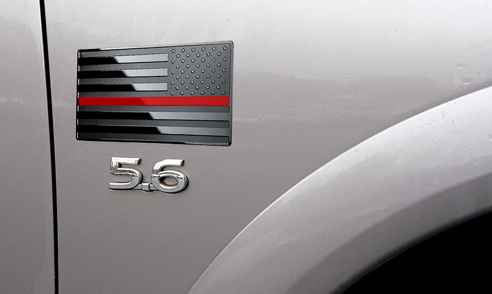 USA Black Metal Flag Emblem with Red Line for Cars, Trucks 5"x 3" 2pcs Forward and Reverse Set