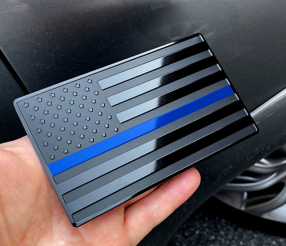 US Black Flag Emblem with Blue Line for Cars, Trucks, Wall 5"x3" 2pcs Forward and Reverse Set