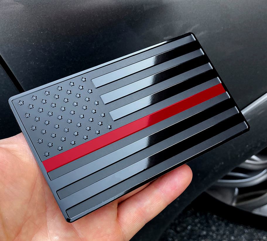 USA Black Metal Flag Emblem with Red Line for Cars, Trucks 5"x 3" 2pcs Forward and Reverse Set