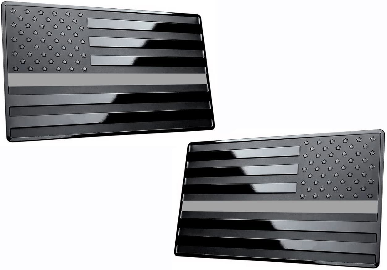 USA American Black Flag Metal Auto Emblem for Cars Trucks 2pcs Forward and Reverse Set (5"x3", Grey Line)