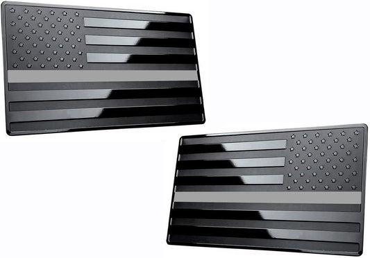 USA American Black Flag Metal Auto Emblem for Cars Trucks 2pcs Forward and Reverse Set (5"x3", Grey Line)