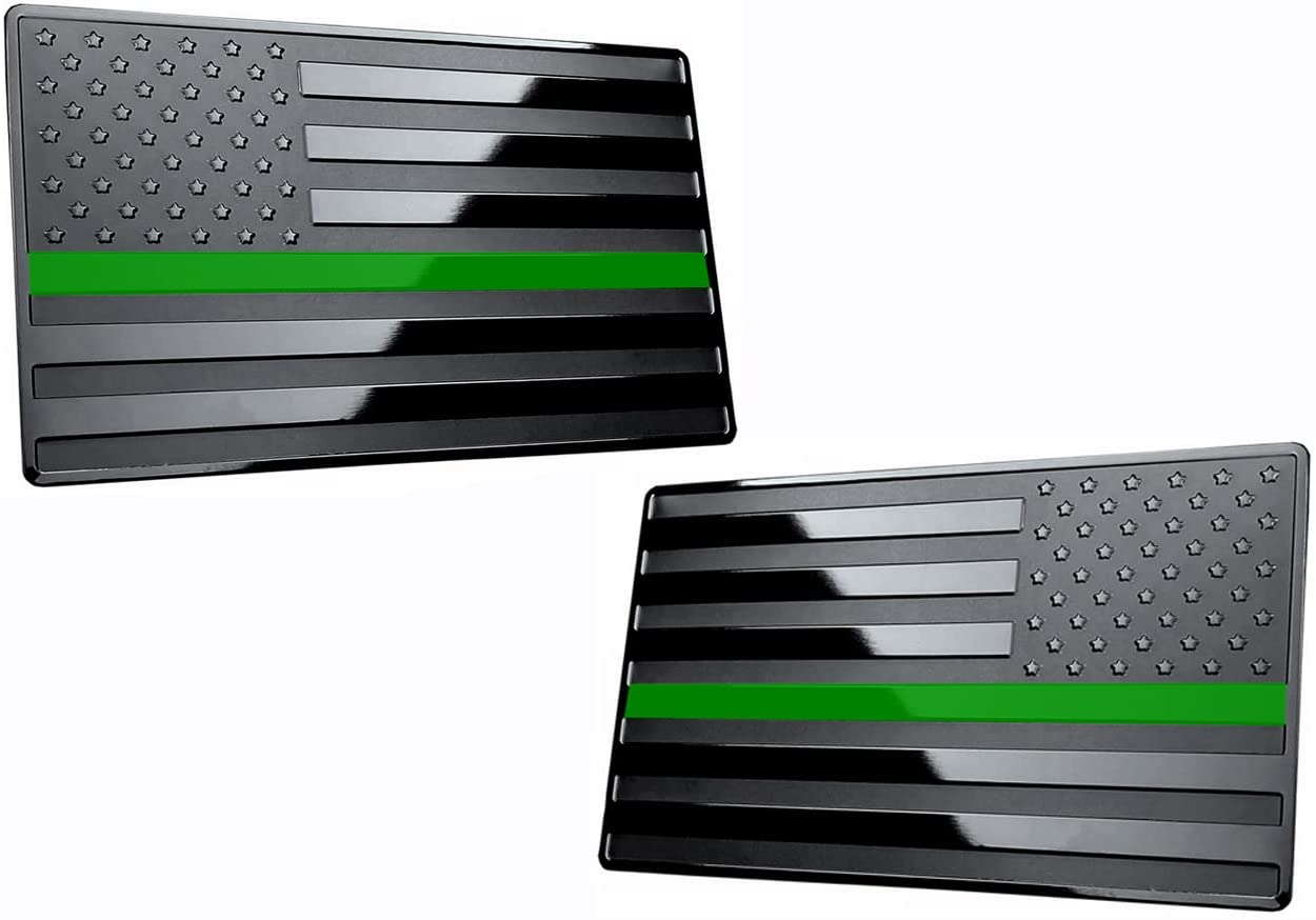 USA American Black Flag Metal Auto Emblem Military Support for Cars Trucks 2pcs Forward and Reverse Set (5"x3", Green Line)