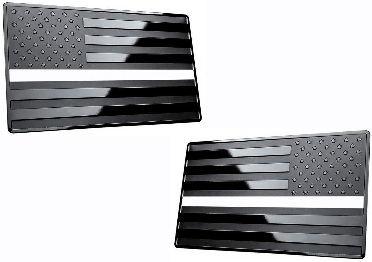 USA American Black Flag Metal Auto Emblem for Cars Trucks 2pcs Forward and Reverse Set (5"x3", White Line)