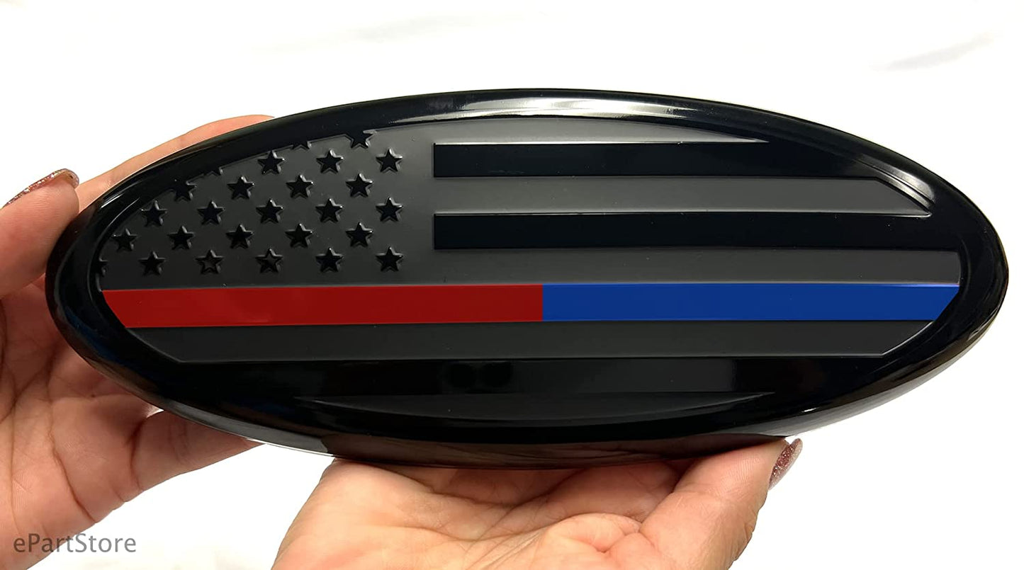 7" or 9'' American Black with Red/Blue Line Flag Emblem, Oval Decal for Ford F150 F250 F350