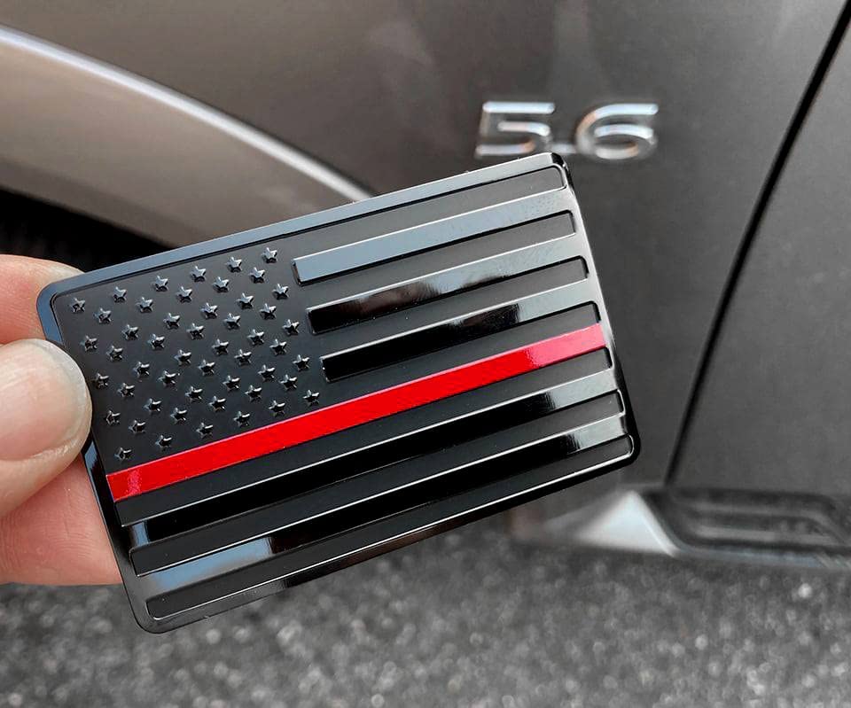 USA Black Metal Flag Emblem with Red line for Cars, Trucks (3.12" x 2", Black with Red line, 2pcs Left & Right)