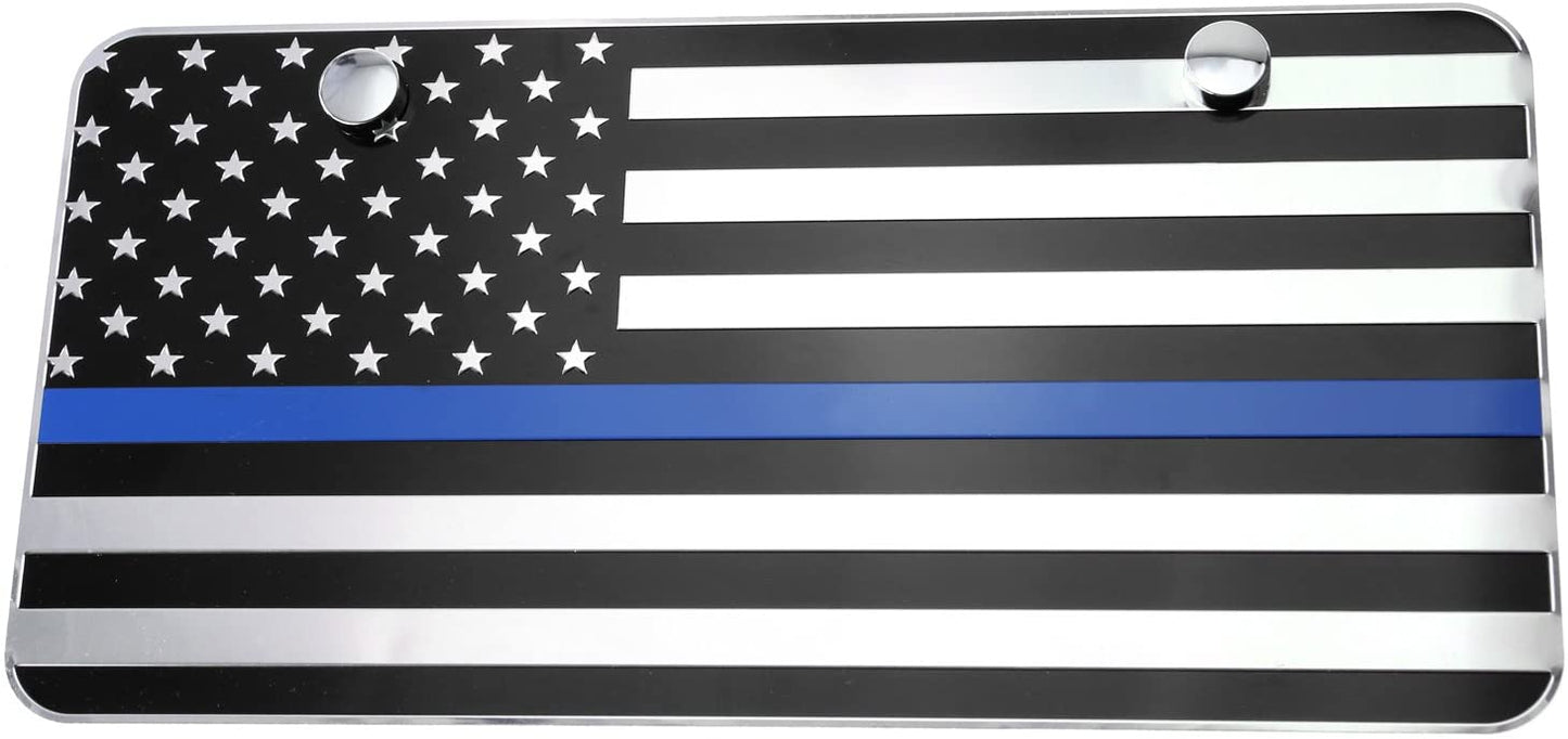 USA Flag Metal Embossed License Plate (12"x6", Black & Chrome with Blue line)