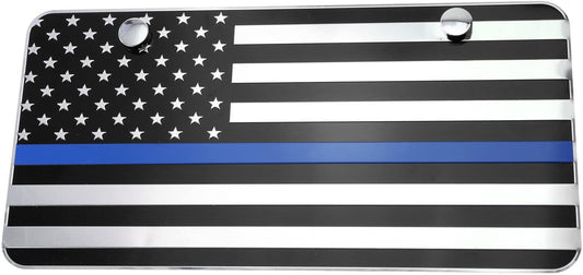 USA Flag Metal Embossed License Plate (12"x6", Black & Chrome with Blue line)