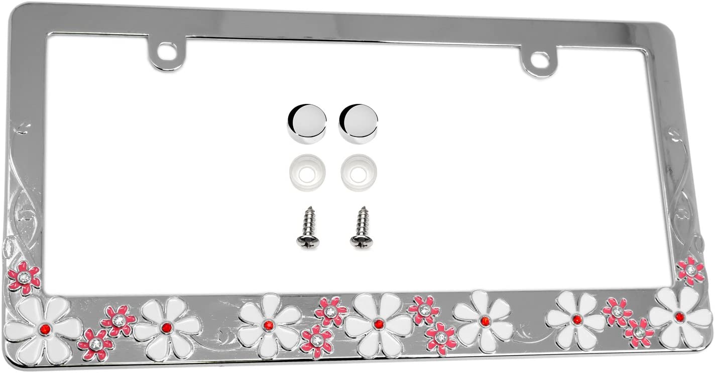 LFPartS Plumeria Flower Sparkle Crystal Bling Metal License Plate Frame (Chrome)