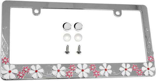 LFPartS Plumeria Flower Sparkle Crystal Bling Metal License Plate Frame (Chrome)