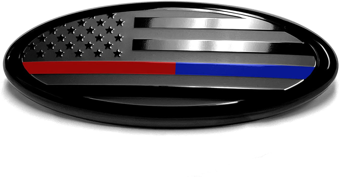 7" or 9'' American Black with Red/Blue Line Flag Emblem, Oval Decal for Ford F150 F250 F350