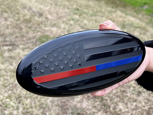 7" or 9'' American Black with Red/Blue Line Flag Emblem, Oval Decal for Ford F150 F250 F350