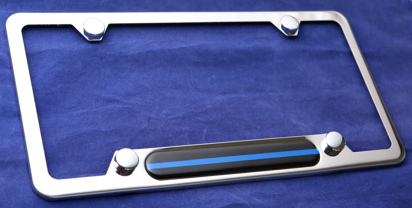 LFPartS Stainless Steel Polished Mirror License Plate Frame (Thin Blue Line) for Cars, Trucks Show Support of Police and Law Enforcement Officers