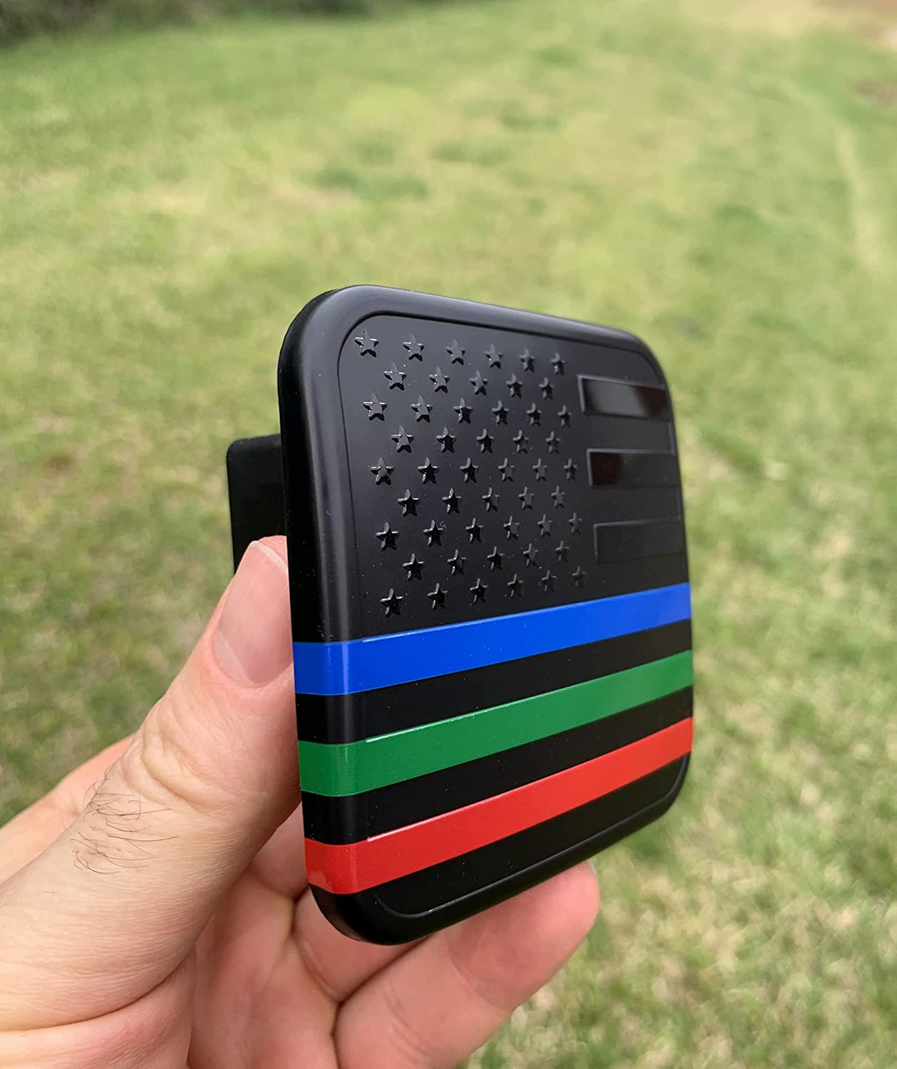 American Flag Hitch Cover Plug (Fits 2" Receiver, Black with Blue/Red/Green Line)