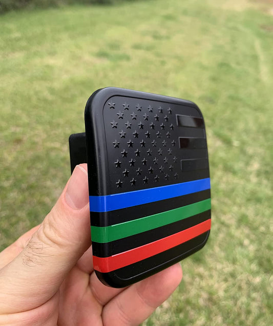 American Flag Hitch Cover Plug (Fits 2" Receiver, Black with Blue/Red/Green Line)
