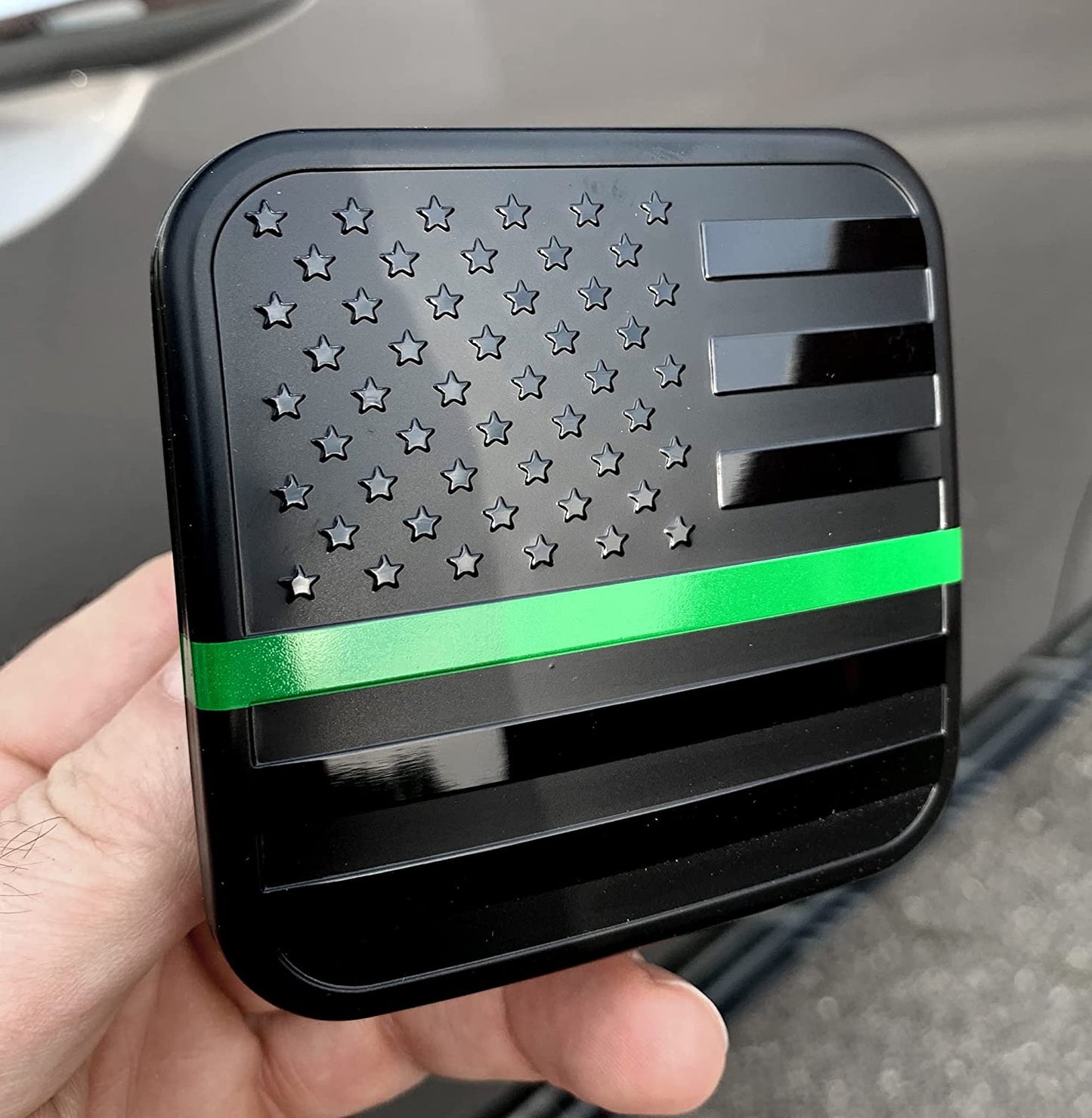 American Flag Hitch Cover Plug (Fits 2" Receiver, Black with Green Line)