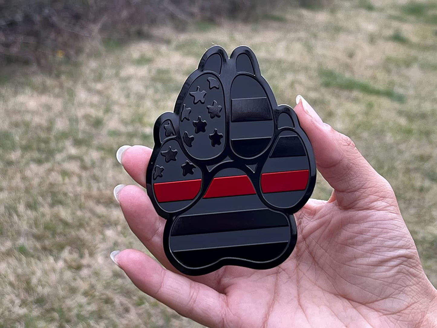 American Metal Flag Dog Paw K9 Unit Auto Fender Emblem for Cars Trucks (3"x4", Black with Red Line)