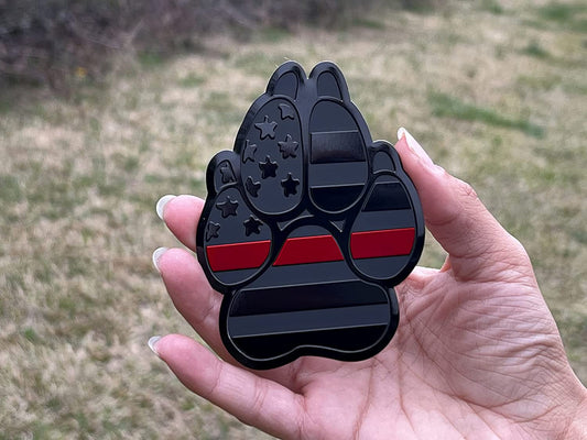 American Metal Flag Dog Paw K9 Unit Auto Fender Emblem for Cars Trucks (3"x4", Black with Red Line)