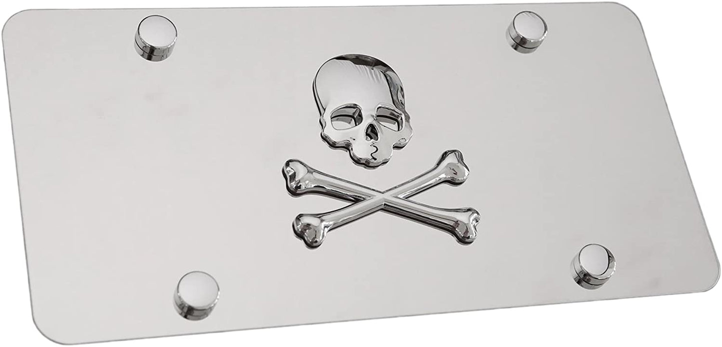 LFPartS Skull 3D Metal Chrome Crossbones Emblem on Stainless Steel License Plate
