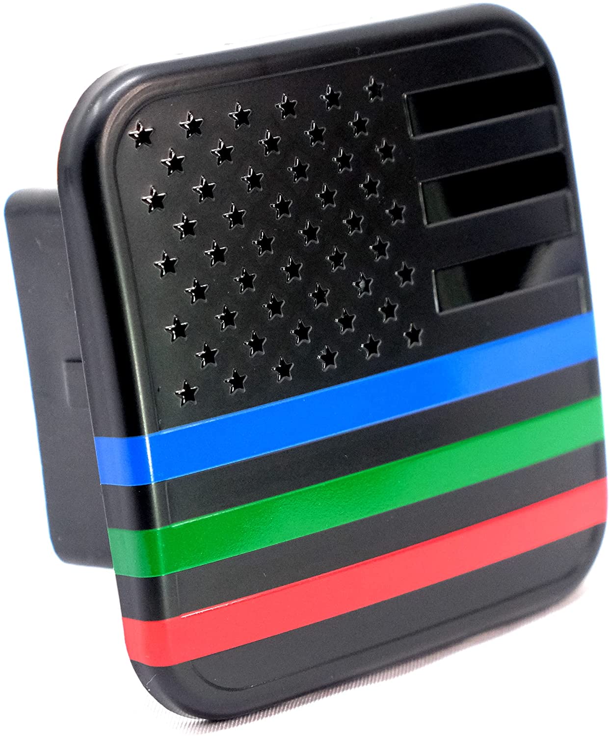 American Flag Hitch Cover Plug (Fits 2" Receiver, Black with Blue/Red/Green Line)