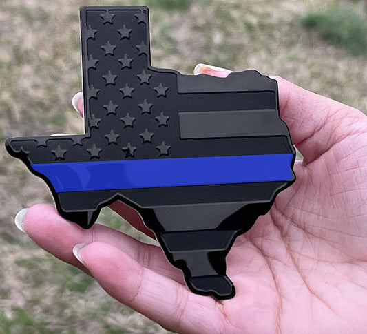 Texas State Black Flag Metal Auto Fender Emblem for Cars Trucks (3"x4", Black with Blue Line)