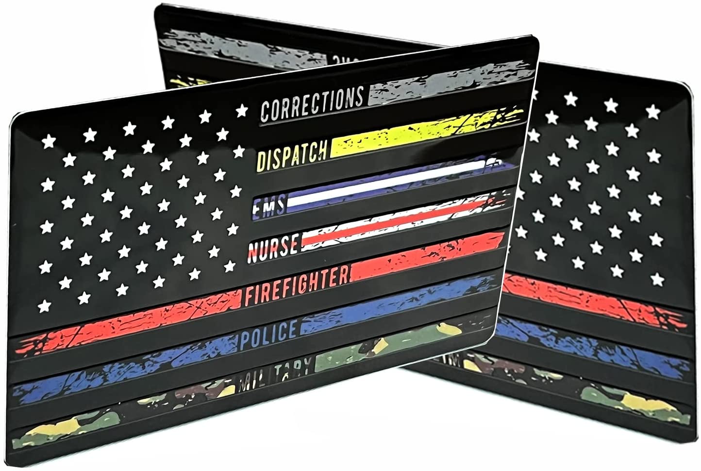 USA American Black Flag Metal Auto Emblem for Cars Trucks 2pcs Forward and Reverse Set (5"x3", First Responders Multi Thin Line)