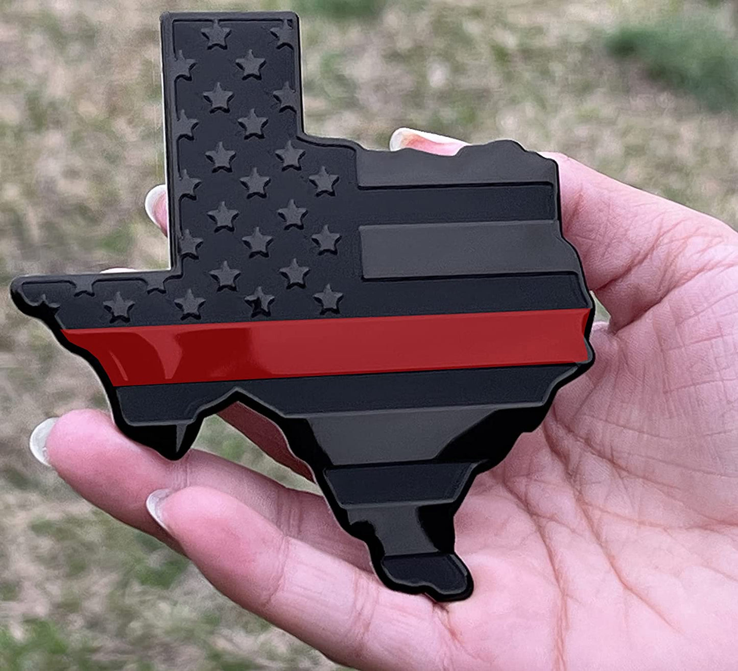 Texas State Black Flag Metal Auto Fender Emblem for Cars Trucks (3"x4", Black with Red Line)