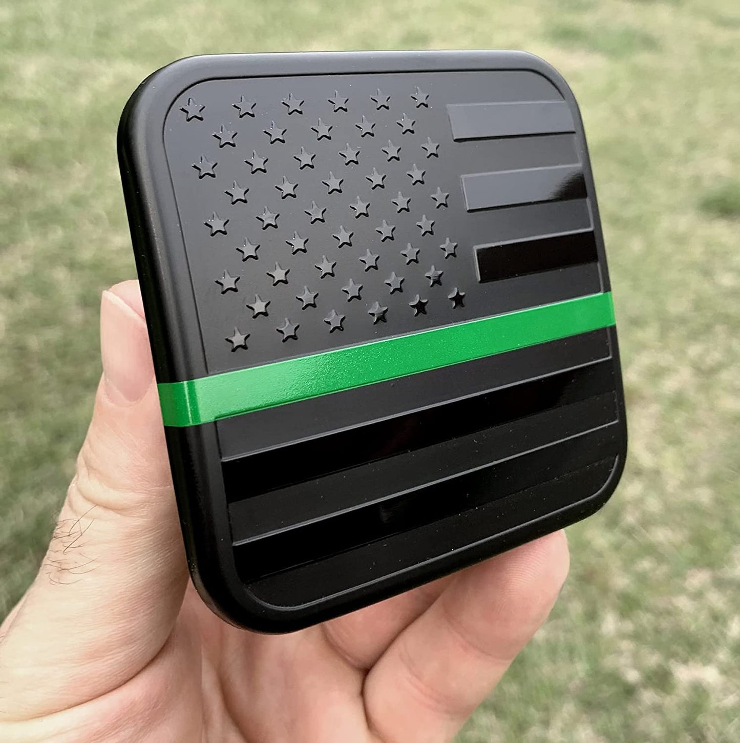 American Flag Hitch Cover Plug (Fits 2" Receiver, Black with Green Line)