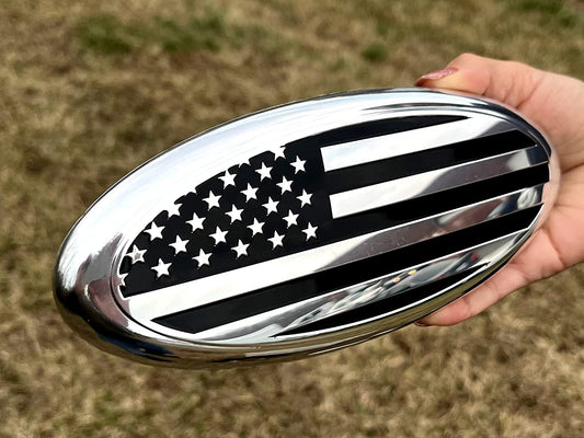 American Black and Chrome Flag Emblem, 7" or 9" Oval Decal Badge Nameplate for Ford F150 F250 F350