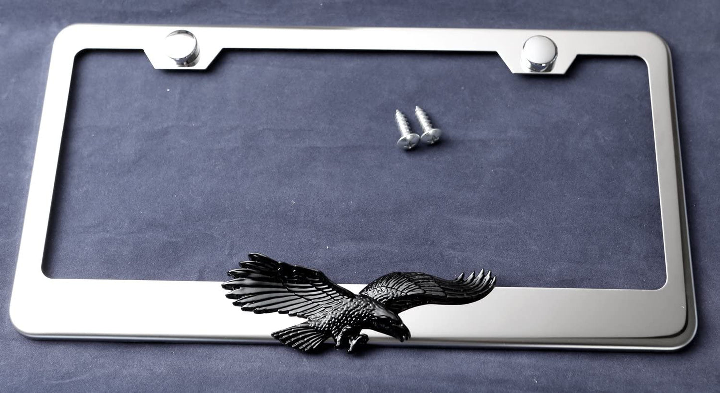 Flying Eagle 3D Black Emblem Polished Stainless Steel License Plate Frame