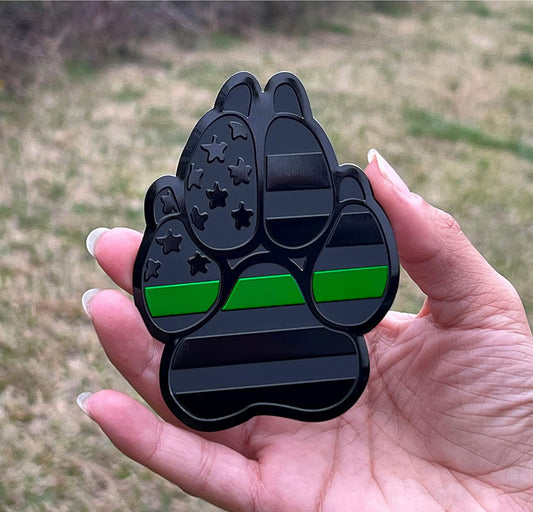 American Metal Flag Dog Paw K9 Unit Auto Fender Emblem for Cars Trucks (3"x4", Black with Green Line)