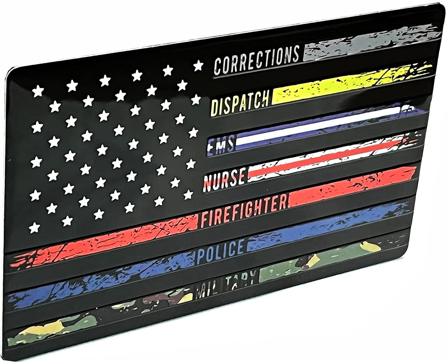 USA American Black Flag Metal Auto Emblem for Cars Trucks 2pcs Forward and Reverse Set (5"x3", First Responders Multi Thin Line)