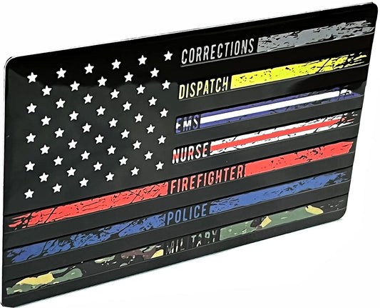 USA Black Flag Metal Car Emblem (5"x3", First Responders Multi Thin Line)