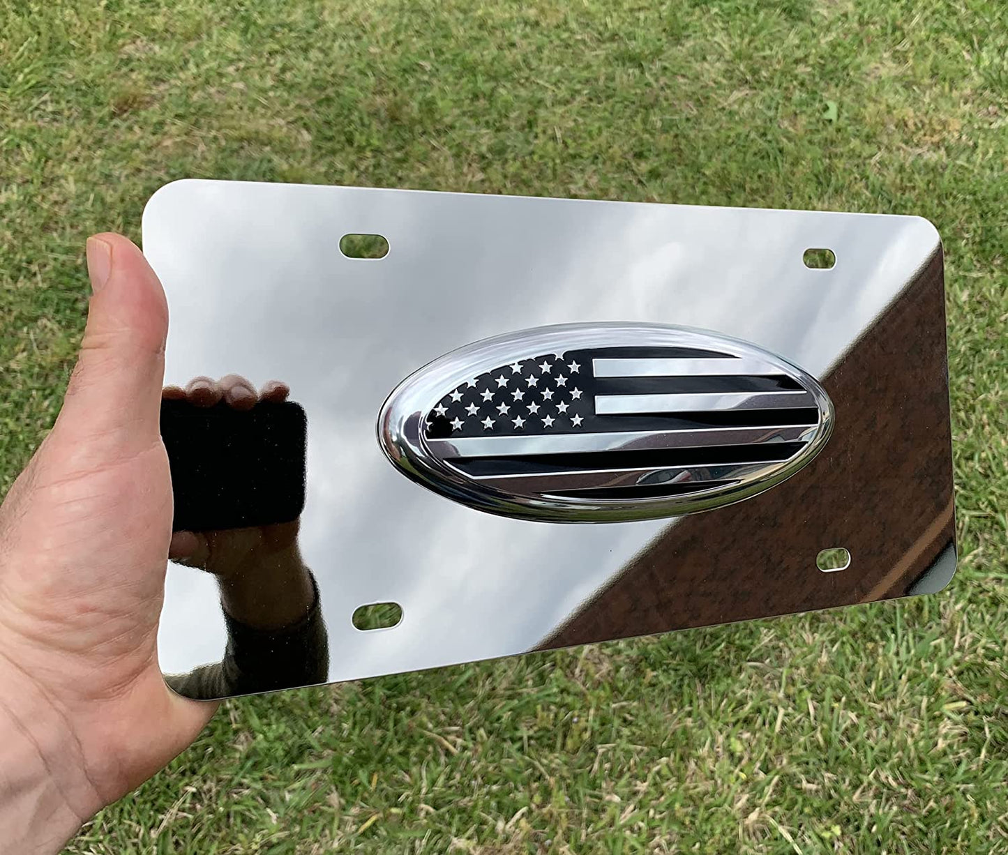 American Flag Stainless Steel License Plate (12"x6" 3D Oval Emblem)