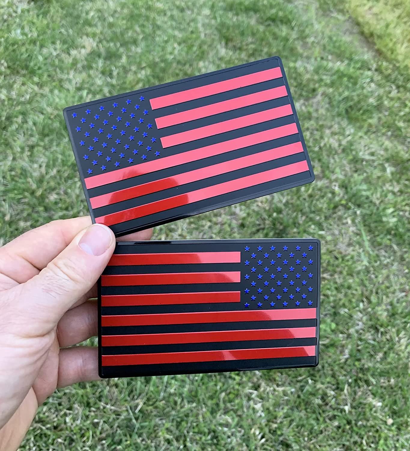 USA American 3D Metal Flag Auto Emblem for Cars Trucks 2pcs Forward and Reverse Set (5"x3", Black Red Blue)
