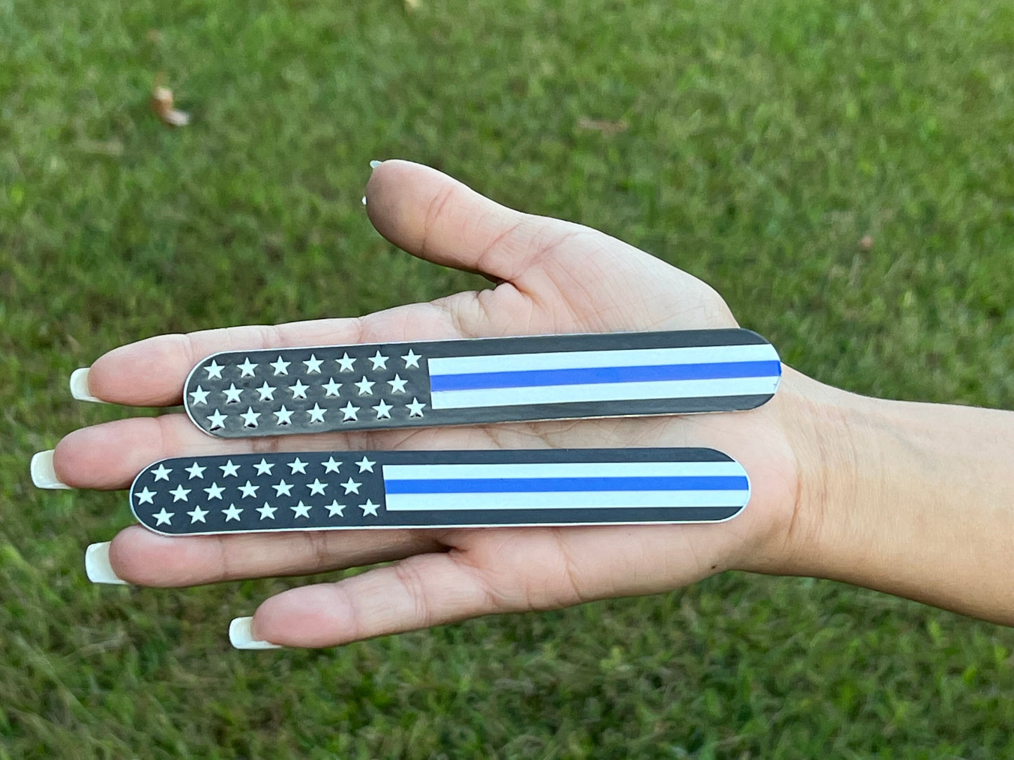 US Black Chrome Flag Fender Emblem with Blue line 6"x1" 2pcs