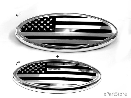 American Black and Chrome Flag Emblem, 7" and 9" Oval Decal Badge Nameplate for Ford F150 F250 F350
