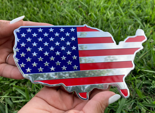 USA Map Color Flag Aluminum Emblem (Chrome Blue Red, 7"x4")