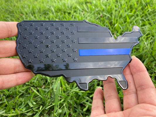 United States Map Flag Metal Trailer Hitch Cover Heavy Duty (USA Black with Blue Line Map)