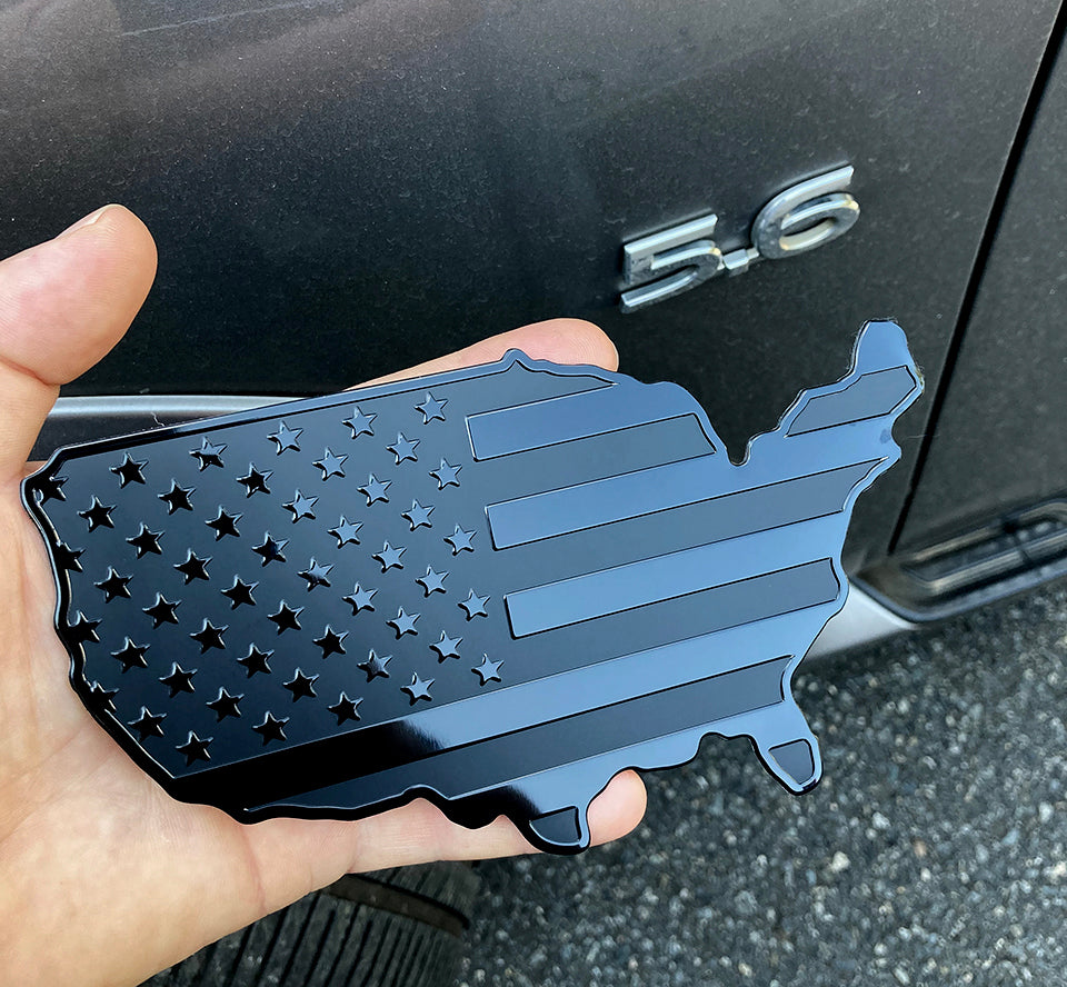 USA Black Metal Map Flag Emblem for Cars, Trucks 7"x4"