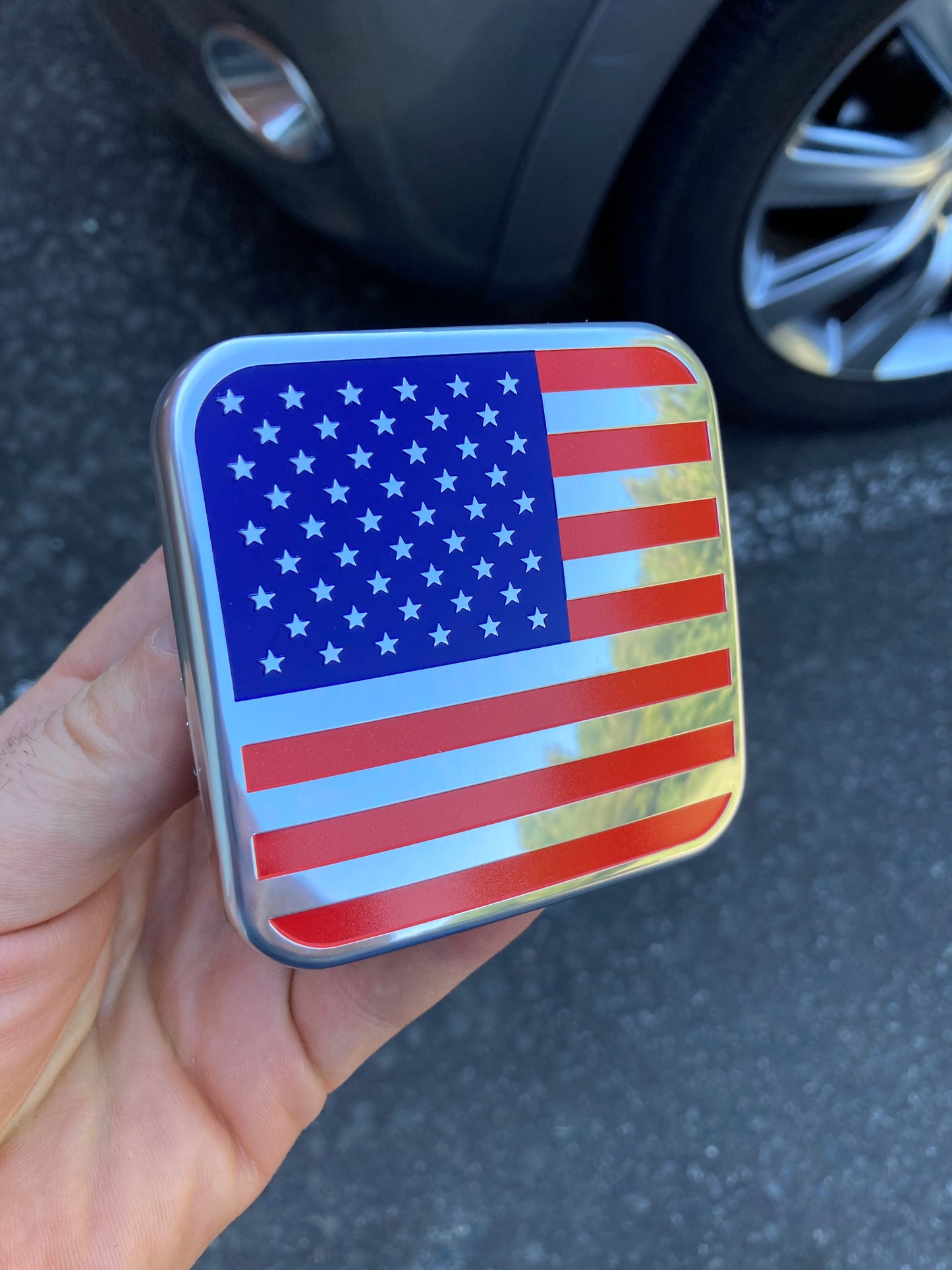 USA Metal Flag Hitch Cover (2" Receivers, Chrome Colored)