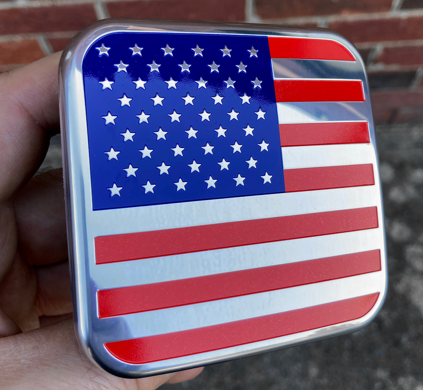 USA Metal Flag Hitch Cover (2" Receivers, Chrome Colored)