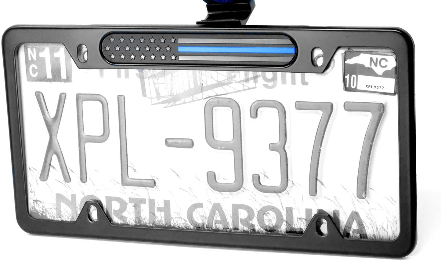 MULL Stainless Steel License Plate Black Frame American (Thin Blue Line Black Flag)